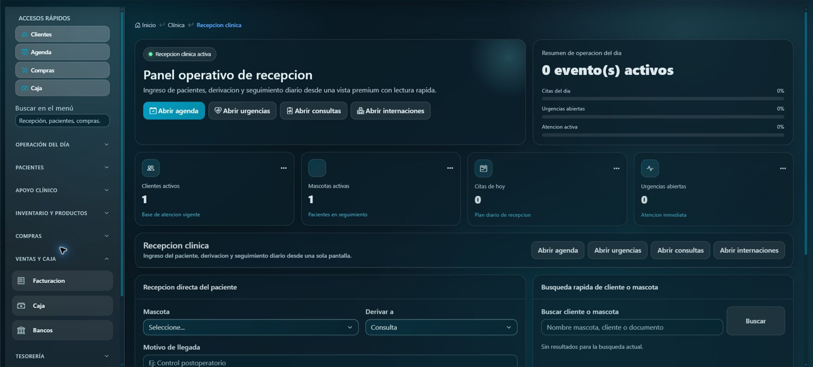 Captura real del panel operativo de recepción de PetClinic